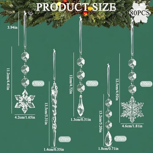 Crystal Christmas Tree Ornaments, Clear Acrylic Snowflake & Icicle, 80pcs