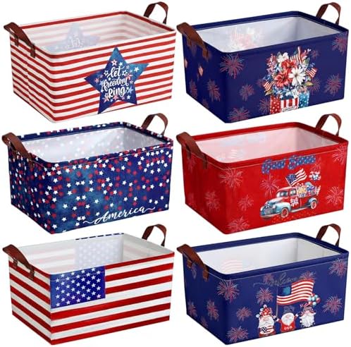 CHENGU 6 Pack 4th of July Storage Baskets Collapsible Patriotic Bins for Gifts 250th Independence Day Red Blue White Large Gnomes Basket Foldable American Flag Box with Handle for Party Bedroom Home