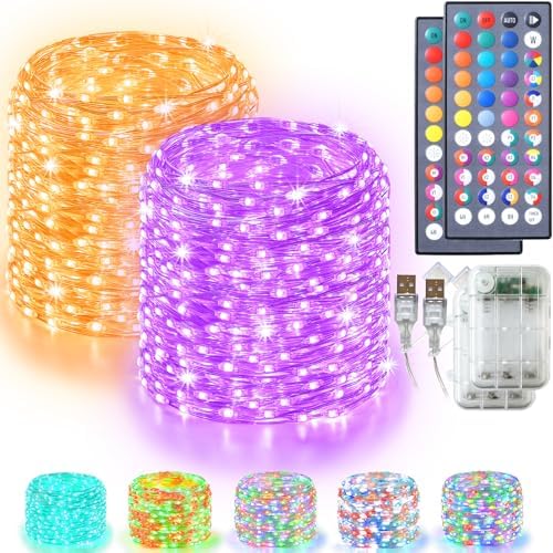 Lovelite Fairy Lights 34 Colors Changing, 2 Pack Total 66FT 200LED Halloween String Lights Battery Operated USB Plug in, Waterproof Twinkle Lights with Remote for Indoor Outdoor Xmas Wedding Party