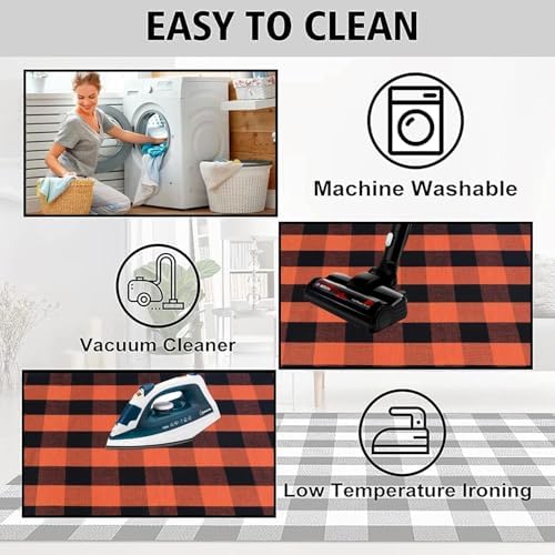 Orange and Black Plaid Rug, 24'' x 51'' Fall Outdoor Front Door Decor Mat, Cotton Washable Hand-Woven Rug for Layered Doormat, Autumn Halloween Thanksgiving Carpet for Porch, Entryway