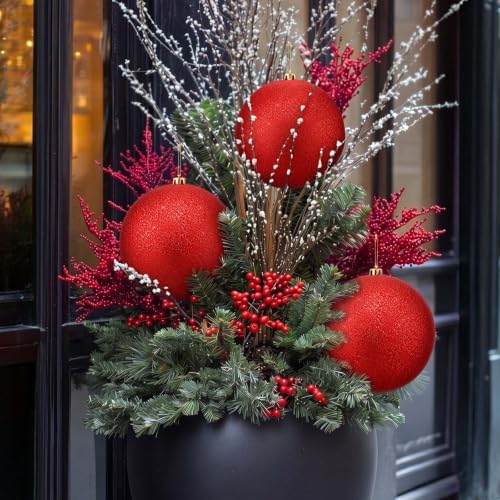 Threan 10 Inch Large Red Glitter Christmas Ball Ornaments