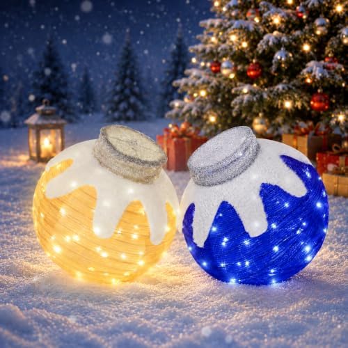 2 Pcs Outdoor Christmas Ornaments, Lighted Pop-Up Holiday Ball Decoration with 160 LED Lights, 8 Light Functions, Lighted Collapsible Christmas Outdoor Decorations for Yard, Patio, Home