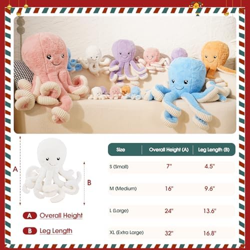 DENTRUN Octopus Plush Toy, Cute Stuffed Animal in 5 Colors 4 Sizes for Gift