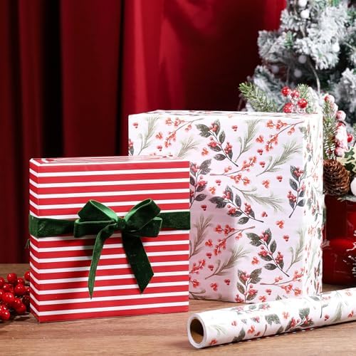 LaRibbons Reversible Christmas Wrapping Paper, Vintage Red Berries Stripe