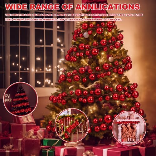 2 Pcs 15 ft Christmas Ball Ornament Garland, Red