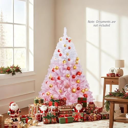 HAPPYGRILL 5 FT Pre-lit Flocked Christmas Tree Pink Hinged Xmas Tree with 456 Branch Tips, 180 Warm White LED Lights & Folding Metal Stand, for Home Office Carnival