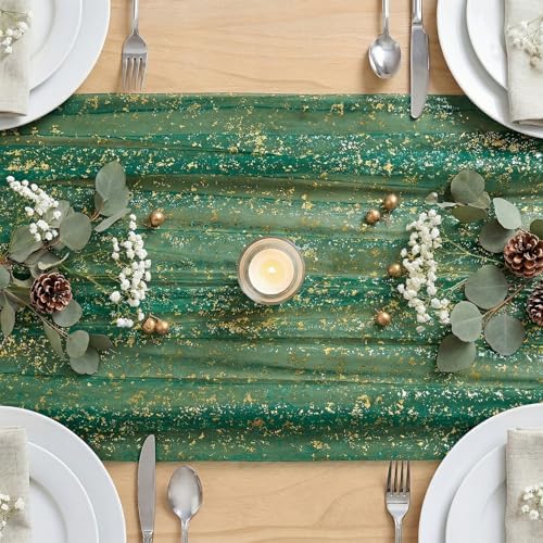 Artoid Mode Green Gold Gauze Table Runner 59x120 Inch 10FT, Glitter Metallic Foil Sheer Dining Wedding Anniversary Holiday Table Decor for Home Party
