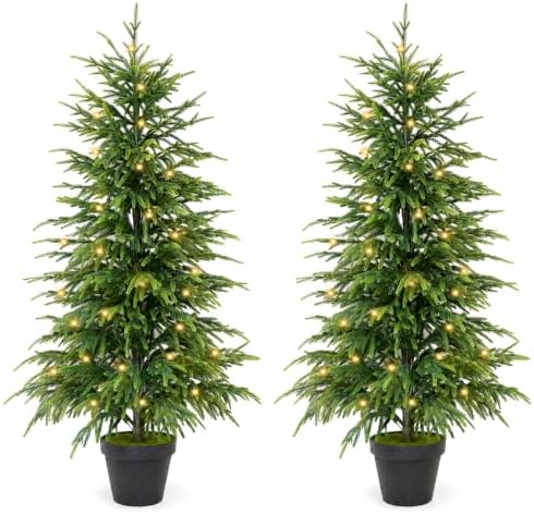 2Pcs 4FT Norfolk Pine Tree with Lights, Christmas Tree for Xmas Decor