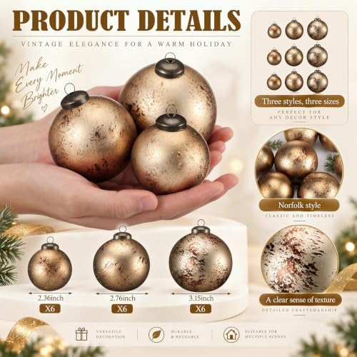 Yunlly 18 Pcs Textured Christmas Ball Ornaments 2.36'' 2.76'' 3.15'' Neutral Copper Ornament Modern Farmhouse Brown Hanging Christmas Decor Vintage Tree Decor for Home Xmas Shatterproof Brass