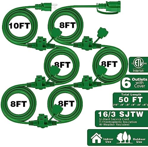 K KASONIC Outdoor Extension Cord 50 FT, Evenly Spaced 6 Outlets, Green