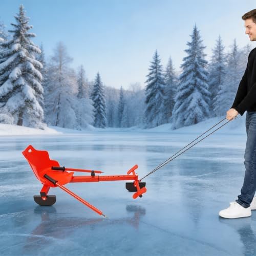 Snow Sled 198LBS Capacity Modern Snow Scooter with 5.9FT 165.35LBS Pulling Force Rope, Length Adjustable Ski Scooter Snow and Ice Skate for Skiing, Ice Skating Red+ Black