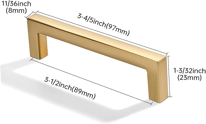 khtumeware 2 Pack 3-1/2 inch(89mm) Hole Center Brushed Brass Cabinet Pulls Solid Heavy-Duty Square Satin Brass Cabinet Handles Drawer Pulls Kitchen Cabinet Hardware Kitchen Handle