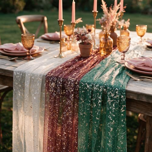Artoid Mode 6PC Beige Red Green Gauze Table Runner 120 Inch 10FT, Glitter Metallic Foil Sheer for Wedding Anniversary Holiday Birthday Home Party Decor