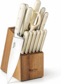 MARTHA STEWART Eastwalk 14 Piece High Carbon Stainless Steel Cutlery Kitchen Knife Block Set w/ABS Triple Riveted Forged Handle Acacia Wood Block - Linen White