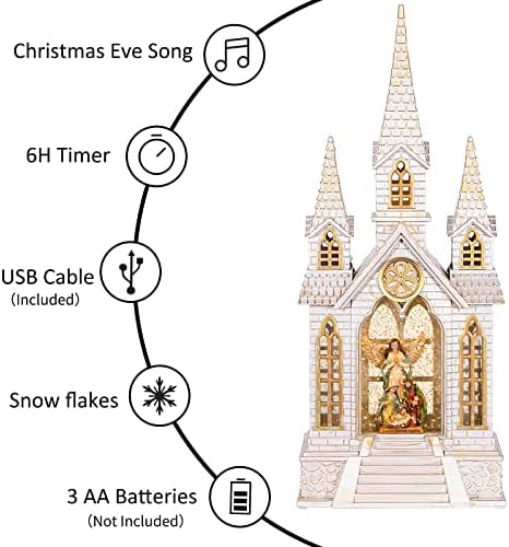 Church Snow Globe Lighted,Christmas Snow Lantern,Angel holy Family Nativity Christmas Eve Glitter Snow Globe with Musical,Christian Decorations Indoor,2 Way Powered