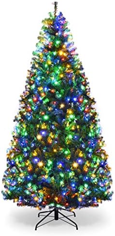 7Ft Pre-lit Artificial Christmas Tree, Pencil Hinged Christmas Tree w/ 500 Dual-Colored LED Lights, 1570 PVC Branches, 11 Light Modes, X-Shaped Metal Stand, Pine Xmas Tree for Home, Party