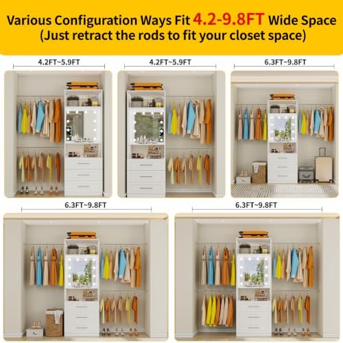 Fastgo Closet System with Drawers, 2FT-9.8FT Hanging Closet Organizer System with 4 Expandable Hanging Rods&Adjustable Shelves, Modular Closet Systems with Light & Mirror, White