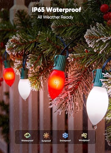 Minetom 50Ft Christmas Lights Outdoor, 50 LED Matte Bulbs, Red|Pure White