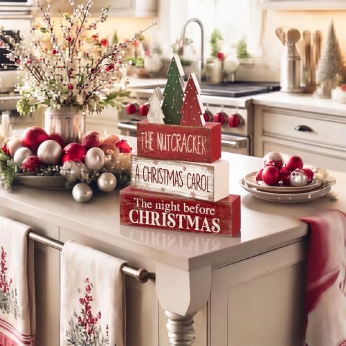 Moucuny 4 Pcs Christmas Table Decorations Rustic Christmas Tree Stacked Wooden Signs Decor Red Green and White Winter Tiered Tray Decor Xmas Table Centerpiece Farmhouse for Home Kitchen Shelf