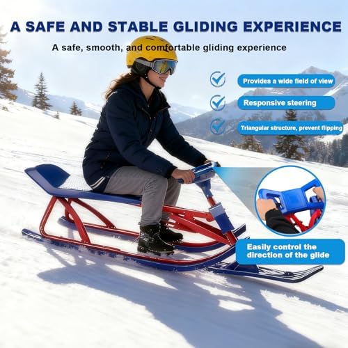 Snow Racer Sled, Ski Sled Slider Board with Dual Brakes & Steering Wheel for Adults/Child Winter Sports, Heavy-Duty Steel Frame Snow Sled with Tow Rope A