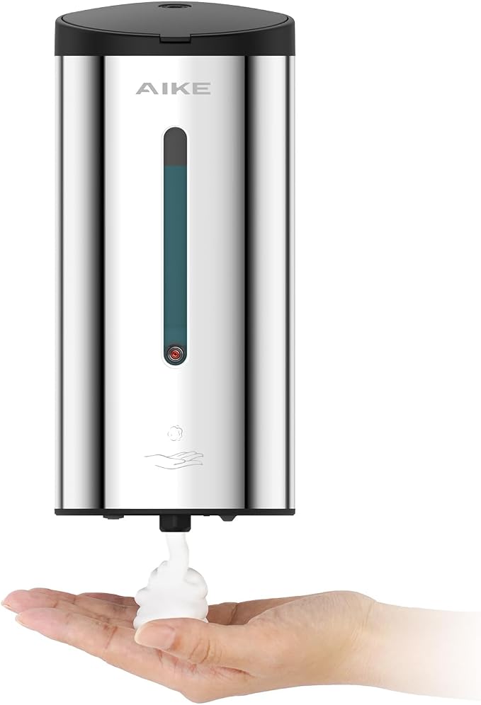 AIKE Automatic Foam Soap Dispenser 25oz for Bathroom,Polished AK1205FA | Rich Foam and Stainless Steel,No-drill and Screw Wall Mount,5-Level Adjustable and Key for Commercial(Batteries Not Included)