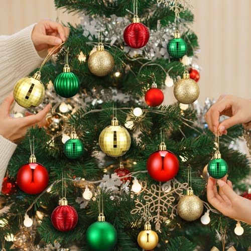 Lunmon 64 Pcs Christmas Ball Ornaments for Christmas Tree Glitter Red Gold Green Ball Ornament Hanging Christmas Decoration Assorted Size Christmas Ornament for Party Supplies, 1.6/1.97/2.4 Inch