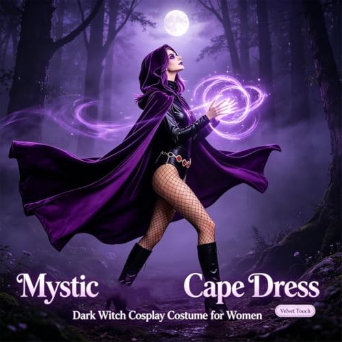YAQIZENG Purple Velvet Hooded Cloak Costume for Women Adult Halloween Costumes with Bodysuit Black Tights Belt Outfits
