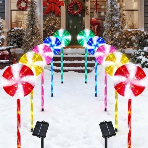 BRIGHTDECK 10 Pack Solar Christmas Pathway Lights, Multi Lollipop Stakes