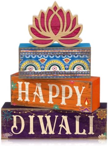 Lineshading 4 Pcs Diwali Table Decoration, Happy Diwali Lotus Wood Sign