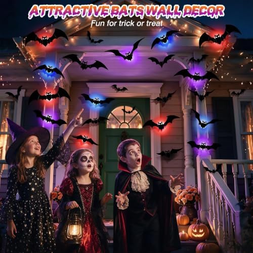 LUDILO 48P Bats Halloween Decorations + 12P Rechargeable Lights with Remote