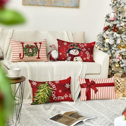 AVOIN colorlife Merry Christmas Let It Snow Joy Stripes Gift Box Red Throw Pillow Covers, 12 x 20 Inch Xmas Tree Holiday Cushion Case Decoration for Sofa Couch Set of 4