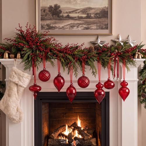 Hungdao 14pcs Vintage Christmas Ornaments Retro Glass Balls, Red