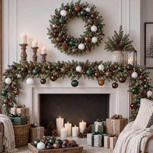 Lunmon 64 Pcs Neutral Christmas Ball Ornaments Brown Green White Xmas Bulbs