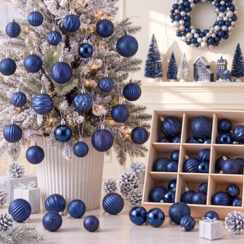 Lunmon 64 Pcs Navy Blue Christmas Ornaments Midnight Blue Xmas Tree Baubles
