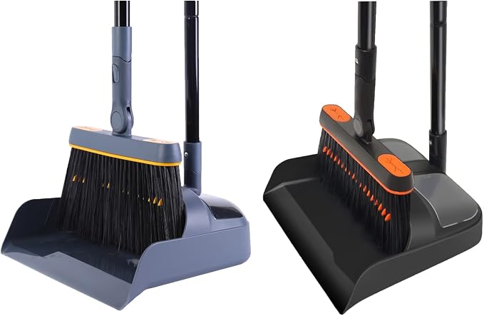 Broom and Dustpan Set for Home, JEHONN Long Handle Lightweight 180 Degree Rotating Broom Set Indoor, Upright Standing Dust Pan with Comb Teeth