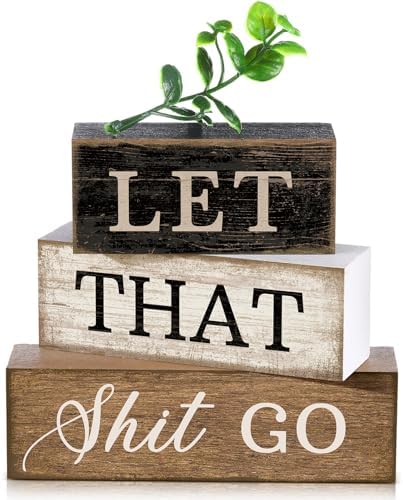 Moucuny 4 Pcs Wooden Block Signs Farmhouse Table Decoration for Bathroom