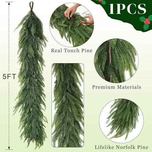 5FT 1PCS Artificial Christmas Norfolk Pine Garland for Fireplace Decor