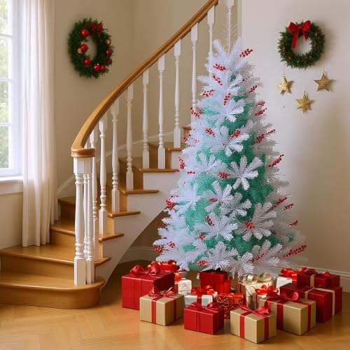 HAPPYGRILL 7FT Pre-lit Artificial Christmas Tree, Hinged Xmas Tree w/ 855 Snow Flocked Branch Tips, 350 Warm White LED Lights, White Twigs, Red Berries, Metal Stand