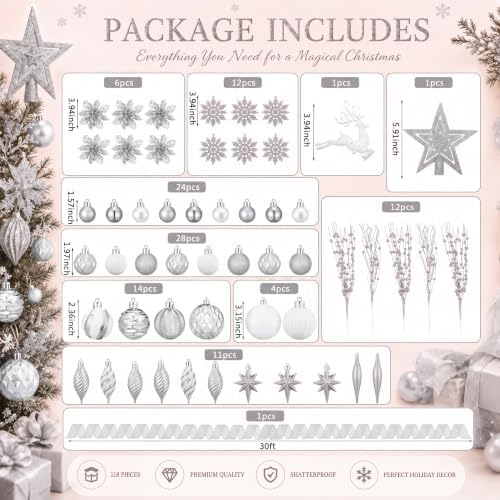 CroBlissful 118 Pcs Christmas Tree Ornaments Set Including Ornaments Balls, Hanging Snowflakes Icicle, Mesh Ribbon, Tree Top Star, Flower, Berries Stems for Xmas Trees Holiday Decor(Silver)