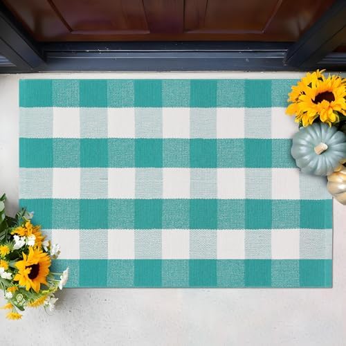 Spring Green & White Plaid Rug - 28 x 43 Inches Outdoor Front Door Decor Mat Cotton Washable Hand-Woven Rug Christmas New Year Holiday Porch Entryway Layered Doormat
