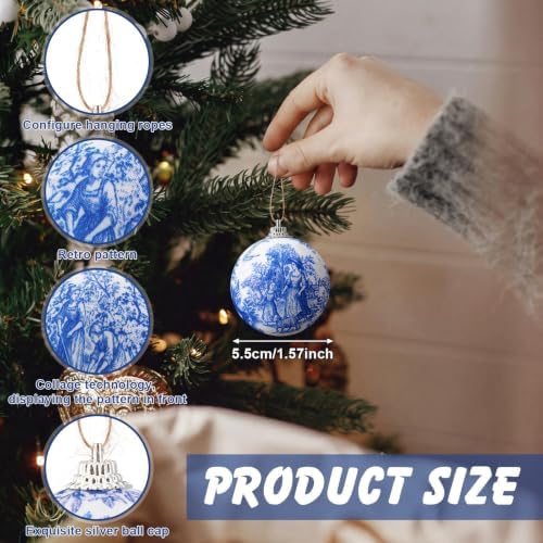 Outus 16 Pcs Blue and White Toile De Jouy Christmas Ball Ornaments for Tree