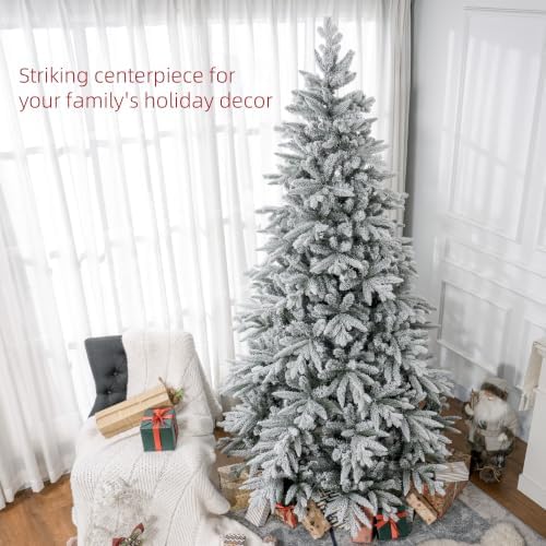 HOMCOM 8ft Snow Flocked Artificial Christmas Tree Hinged Xmas Tree Green
