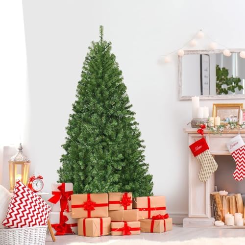 HAPPYGRILL 6 FT Pre-Lit Artificial Christmas Tree, Artificial Hinged Tree with 350 LED Lights, 1000 PVC Branch Tips and Foldable Base, Premium Spruce Tree with 11 Color Modes for Holiday Decor