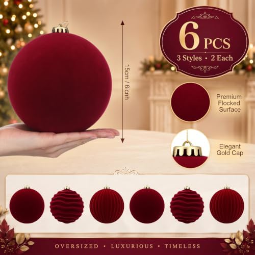 Hollowfly 6 pcs 6 in Burgundy Red Large Velvet Christmas Balls Ornaments