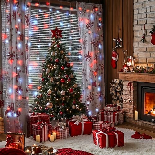 JMEXSUSS 300LED Red and White Christmas Curtain Lights for Bedroom, Plug in