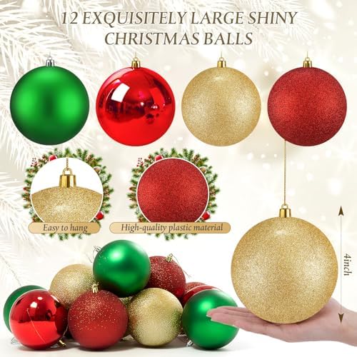 Jenaai 12 Pack Red Gold Green Large Christmas Ball Ornaments Set, 4 Inch