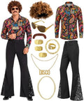 12Pcs 70s Outfits for Men, Disco Costume with Bell Bottom Pants Shirt Set