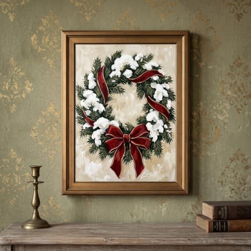 Framed Canvas Wall Art Expressive Painterly Evergreen Wreath Snow White and Red Accents Canvas Print Poster Gold Frame Wall Decor for Living Room Winter Art, Holiday Decor - Inch 16x20