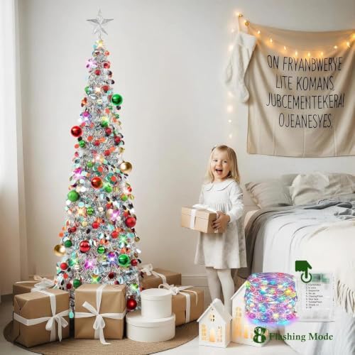 N&T NIETING Pop Up Christmas Tree with Lights, Collapsible Tinsel Xmas Tree Decorations, Pencil Christmas Tree Skinny Tree for Holiday Xmas Home Office Decor, 40 Balls, 6Ft, Silver