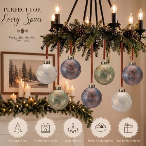 Yunlly 12 Pcs Neutral Christmas Ornament, Rusty Green Ivory Blue, 3.15''
